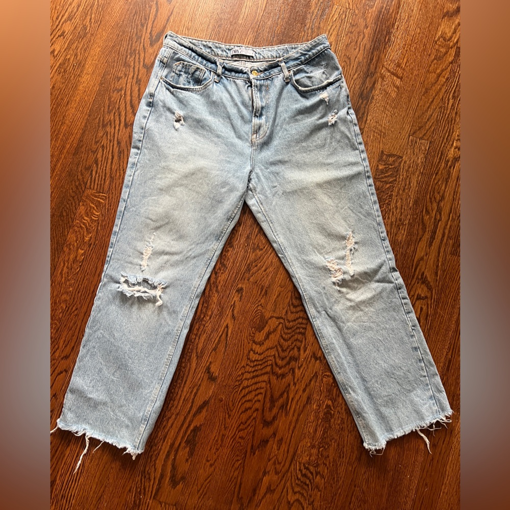 Distressed Light Blue Straight Leg Jeans